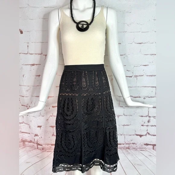Ann Taylor Black Laser Cut Embroidered Lace Size 12 Knee Length Cotton Skirt - Picture 3 of 12